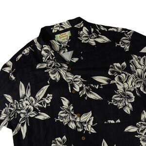 Tommy Bahama Vintage Silk Black Floral Hawaiian Button Up Camp Shirt Large